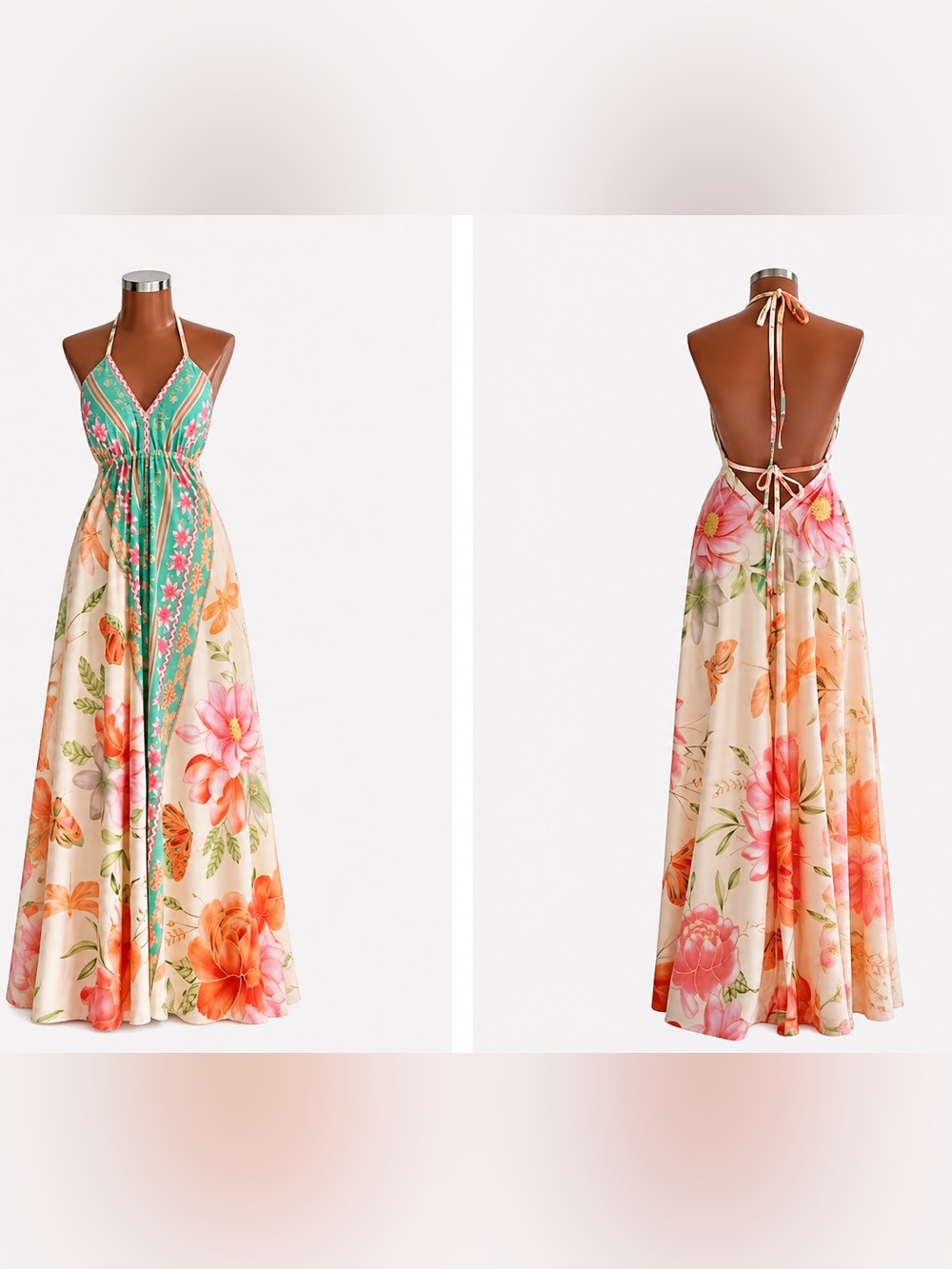 NEW Boho Floral Halter Maxi Dress Open Back Tie Waist Cream Pink Green Small